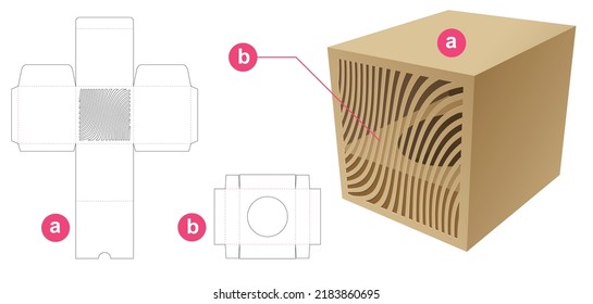 Cupcake Box With Stenciled Curved Pattern Window Die Cut Template And 3D Mockup