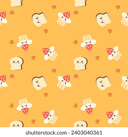 Cupcake and bread cartoon so cute. On heart yellow background. Pattern seamless vector illustration. 
