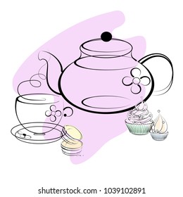 cupcake, brewing teapot, tea, vector