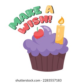Cupcake with burning candle, flat sticker of make wish 
