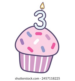cupcake with burning candles number 3 , colorful design elements best for happy birthday and happy anniversary celebration
