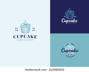 Cupcake cafe Hand Draw Logo Template with Premium Vintage Typography. Stylish Vintage Vector Emblem Concept.