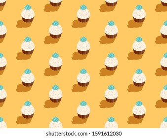 Cupcake Cake 3D isometric seamless pattern, Dessert bakery concept poster and social banner post design illustration isolated on cream background with copy space, vector eps 10