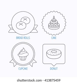 Cupcake, cake and bread rolls icons. Sweet donut linear sign. Award medal, star label and speech bubble designs. Vector