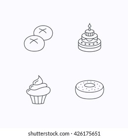 Cupcake, cake and bread rolls icons. Sweet donut linear sign. Flat linear icons on white background. Vector