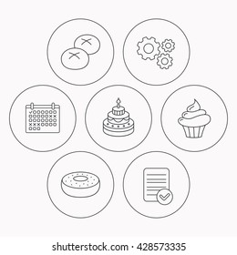 Cupcake, cake and bread rolls icons. Sweet donut linear sign. Check file, calendar and cogwheel icons. Vector