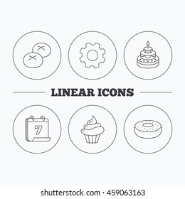 Cupcake, cake and bread rolls icons. Sweet donut linear sign. Flat cogwheel and calendar symbols. Linear icons in circle buttons. Vector