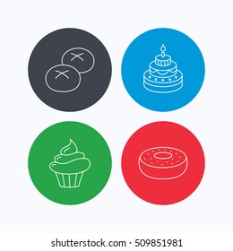 Cupcake, cake and bread rolls icons. Sweet donut linear sign. Linear icons on colored buttons. Flat web symbols. Vector