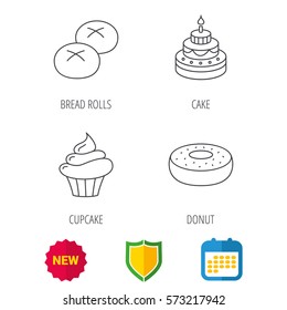 Cupcake, cake and bread rolls icons. Sweet donut linear sign. Shield protection, calendar and new tag web icons. Vector
