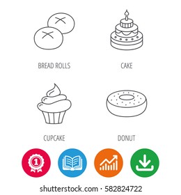 Cupcake, cake and bread rolls icons. Sweet donut linear sign. Award medal, growth chart and opened book web icons. Download arrow. Vector