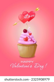 Cupcake or cake with cream, berry jam and cream hearts and cherries and two hearts pierced with an arrow, and the inscription on them LOVE and the inscription VALENTINE'S DAY. Vector illustration.