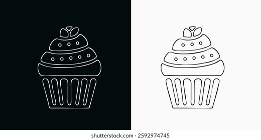 cupcake, cake, dessert, food, sweet, bakery, illustration, outline, black and white, simple, graphic, icon, iconography, line art, vector, editable, design element, sweet treat, baking, decor, logo