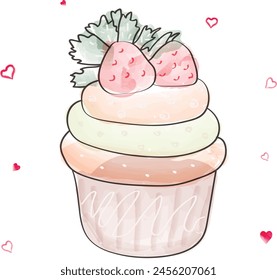 Cupcake cake hand drawn watercolor, black lines. Isolated object.