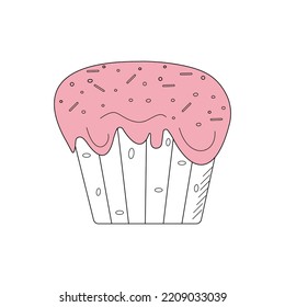 Cupcake, cake with icing and caramel. Food, dessert, sweets in doodle style. Sweet pastries. Vector illustration isolated background.