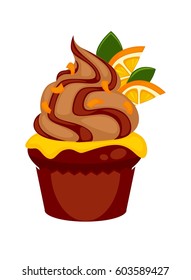 Cupcake or cake logo vector template. Bakery dessert chocolate muffin with cream and orange fruit slice topping for patisserie and cafe menu