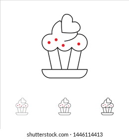 Cupcake, Cake, Love Bold and thin black line icon set