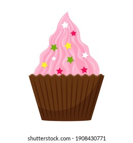 Cupcake, a cake with pink cream and decorative sprinkles. Sweet, high-calorie, unhealthy food, dessert, treat. Color vector illustration in cartoon flat style. Isolated on a white background.