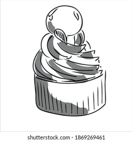 cupcake. cake. whipped cream. black and white dessert. monochrome. sweet. postcard minimalism, vector eps 10