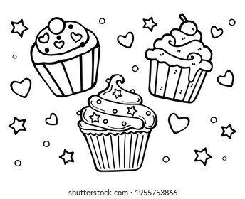 Cupcake cakes cheesecakes with cream, stars and hearts decor.Vector Cartoon Silhouette Outline Black Line Art Drawing illustration.Plotter cutting.Vinyl wall sticker.Laser cut.Coloring pages for kids.