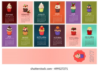 Cupcake calendar for 2017 year vector. 2017 Calendar Planner Design. Vector template design monthly date illustration 2017 calendar week organizer simple number. Organizer date 2017 year calendar.