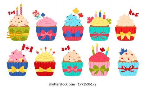 Cupcake Canada day colored flat set. Sweet muffin with Canadian symbol flag maple leaf. Patriotic cartoon cake 1th of July. Canadas celebrate happy holiday dessert food. Isolated vector illustration