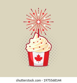 Cupcake with Canadian flag and fireworks. Happy Canada Day concept. Vector illustration for greeting cards, banners and posters