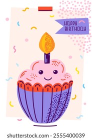 Cupcake with a candle birthday card. For party invitation, poster, or digital greeting