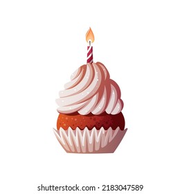 Cupcake with candle. Birthday party, celebration, holiday, event, festive, bakery, sweet food, dessert, pastry concept. Vector illustration.