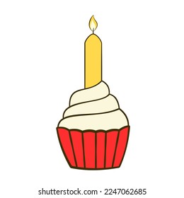 Cupcake with candle. Cartoon icon. Vector illustration