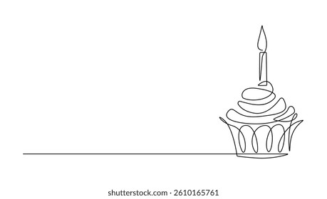 Cupcake with Candle Continuous One Line Drawing. Cake Trendy Minimalist Vector Illustration. Dessert Food One Line Abstract Drawing Minimalist Contour Style for Modern Design. Not AI