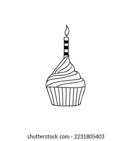 Cupcake with candle doodle illustration in vector. Cupcake with candle hand drawn illustration in vector. Birthday cake doodle illustration. 