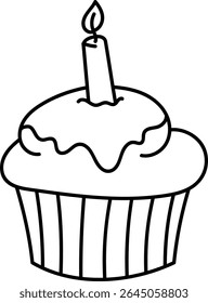 A cupcake with a candle drawn in a bold outline style. The image depicts a single cupcake topped with icing and a lit candle. Cartoon vector illustration.