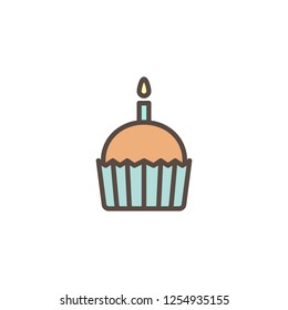 Cupcake with candle filled outline icon, line vector sign, linear colorful pictogram isolated on white. Birthday cake symbol, logo illustration. Pixel perfect vector graphics