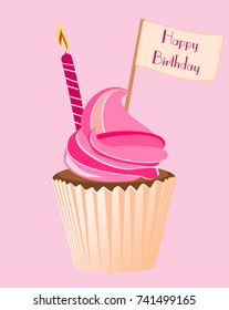 Cupcake with candle and flag written word happy birthday isolated on pink background