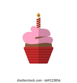 Cupcake with candle flat icon, filled vector sign, colorful pictogram isolated on white. Symbol, logo illustration. Flat style design