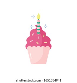 cupcake with candle flat style icon design, Happy birthday card celebration decoration surprise party anniversay and invitation theme Vector illustration