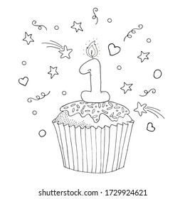 Cupcake with a candle in the form of a unit for the first year of birth! Happy birthday doodle style concept!