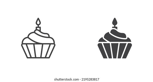 Cupcake with candle icon, line and glyph version, outline and filled vector sign. Birthday cupcake linear and full pictogram. Symbol, logo illustration. Different style icons set