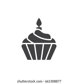 Cupcake with candle icon vector, filled flat sign, solid pictogram isolated on white. Symbol, logo illustration. Pixel perfect