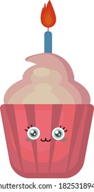 Cupcake with candle, illustration, vector on white background
