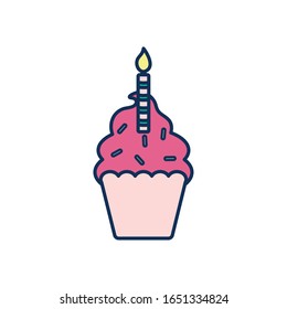 cupcake with candle line fill style icon design, Happy birthday card celebration decoration surprise party anniversay and invitation theme Vector illustration