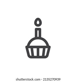 Cupcake with candle line icon. linear style sign for mobile concept and web design. Birthday cupcake outline vector icon. Symbol, logo illustration. Vector graphics