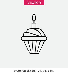Cupcake with candle line icon, linear style simple black flat illustration on white background..eps