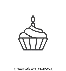 Cupcake with candle line icon, outline vector sign, linear style pictogram isolated on white. Symbol, logo illustration. Editable stroke. Pixel perfect