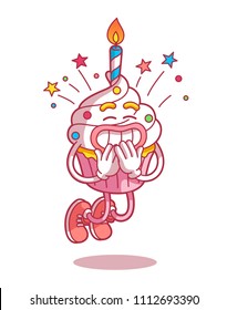 Cupcake with a candle. Logo comic style with contour. Decoration for greeting cards, posters, patches, prints for clothes. Modern flat style thin line vector illustration isolated on white background