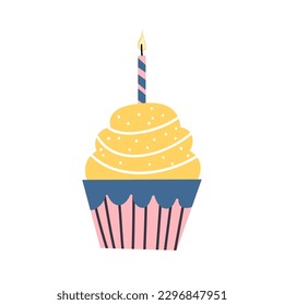 Cupcake with a candle on a birthday, flat. Vector illustration. EPS
