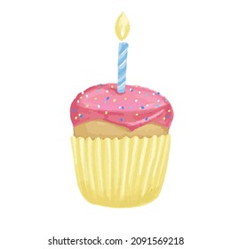 Cupcake with a candle on a birthday, watercolor. Vector illustration.