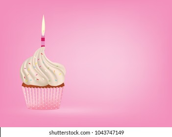 Cupcake with candle on pink background, vector