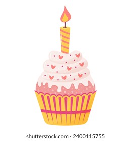 Cupcake with candle on top. Sweet cream dessert. Vector flat cartoon illustration.