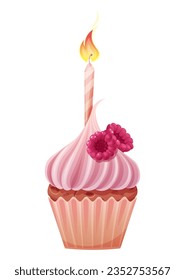 Cupcake with a candle on a white background. Happy birthday illustration. Muffin with cream and raspberries.